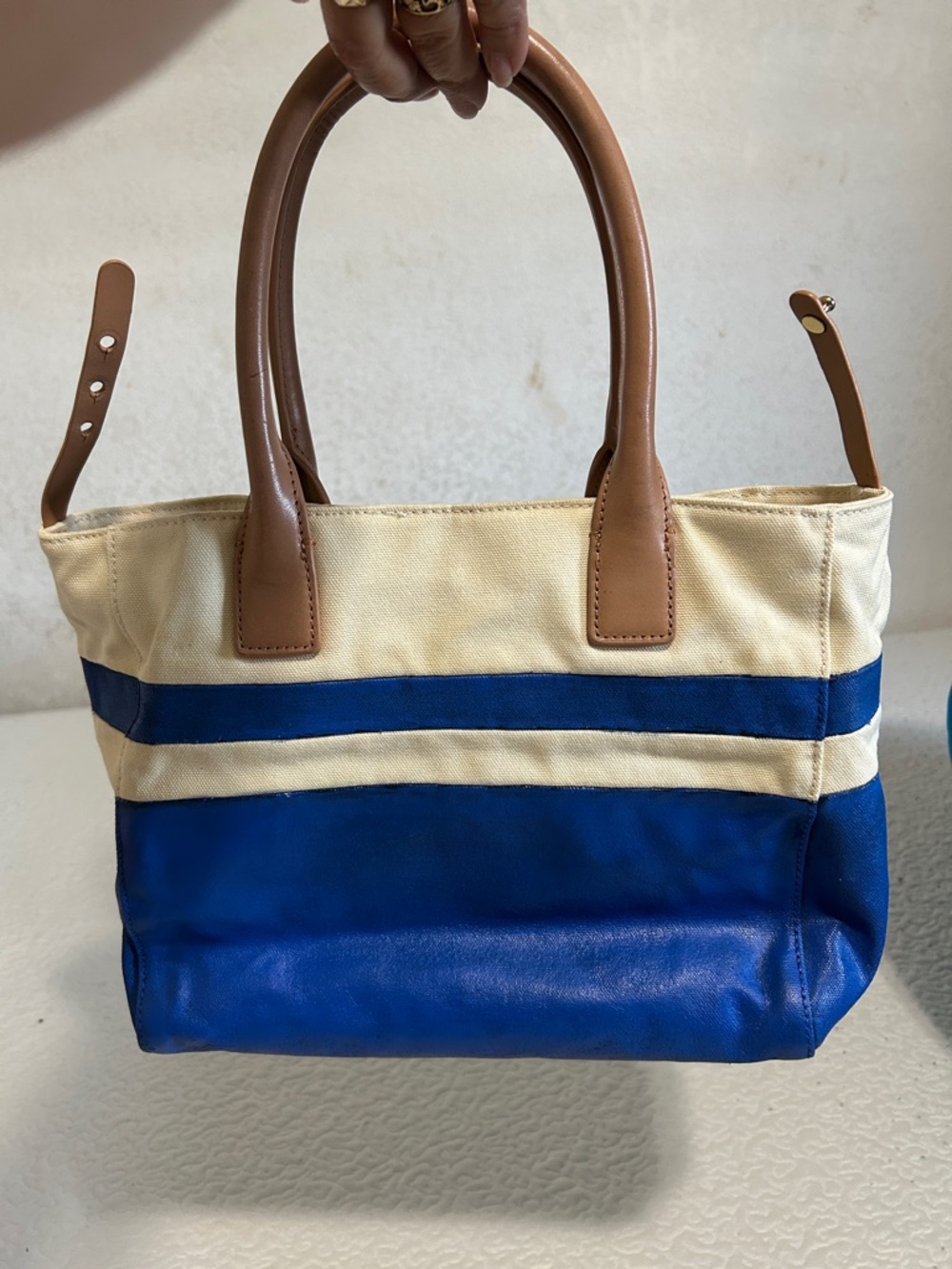 Tory Burch Blue, Cream & Tan Canvas Leather Tote - Picture 10 of 16